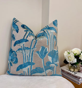 Teal Sage Poppy Velvet Throw Pillow