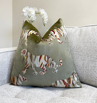 Olive Bengal Tiger Velvet Throw Pillow