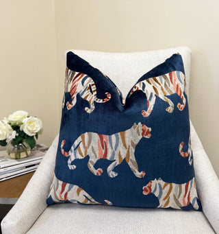 Indigo Bengal Tiger Velvet Throw Pillow