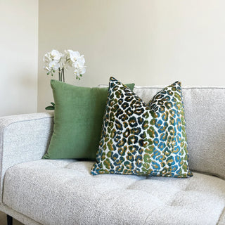 Rainforest Green Stripe Velvet Leopard Print Throw Pillow