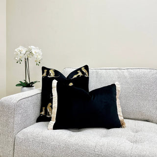 Black Velvet and Ivory Fringe Throw Pillow