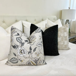 Light Gray and Beige Botanical Linen Throw Pillow
