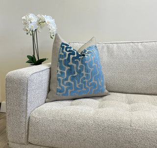 Framed Mediterranean Blue Velvet and Beige Linen Throw Pillow