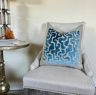 Framed Mediterranean Blue Velvet and Beige Linen Throw Pillow