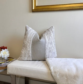 Textured Pearl Velvet and Natural Linen Throw Pillow