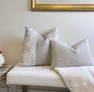 Textured Pearl Velvet and Natural Linen Throw Pillow