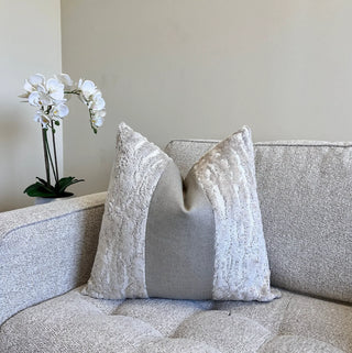 Textured Pearl Velvet and Natural Linen Throw Pillow