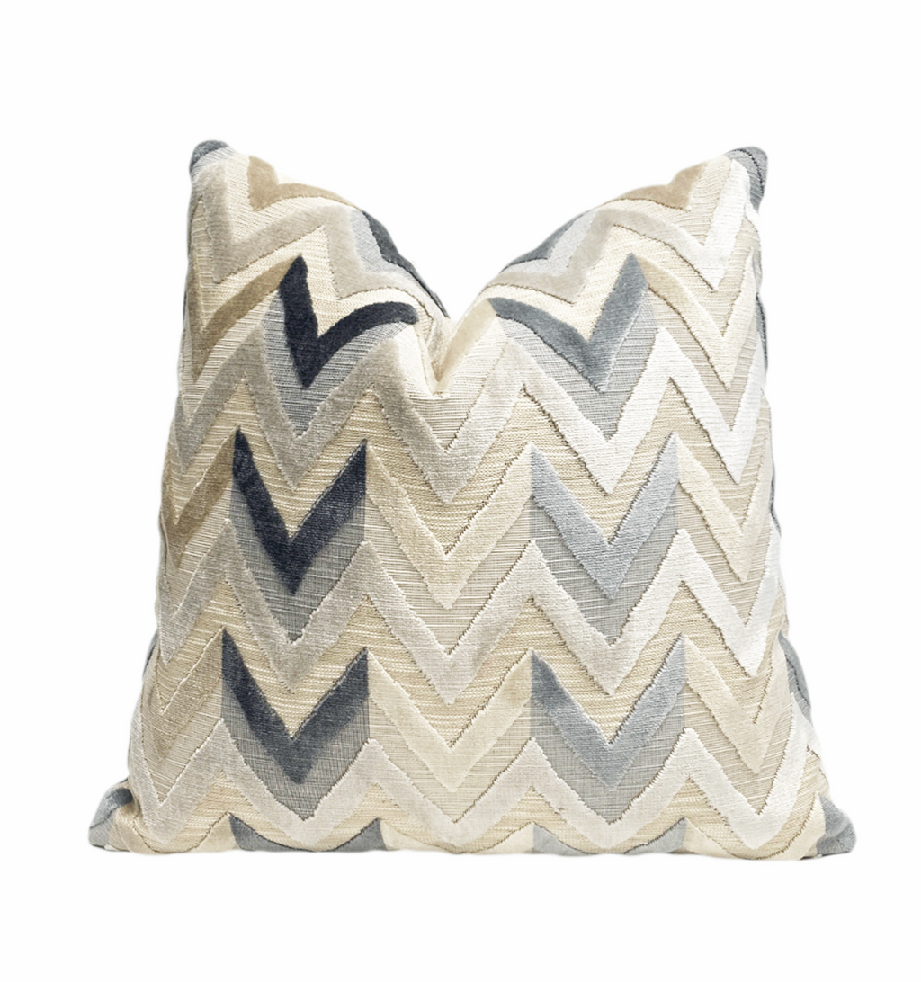 Taupe Steel Blue Gray Chevron Velvet Throw Pillow