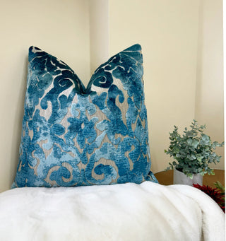Blue Topaz Brocade Velvet Throw Pillow