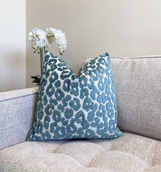 Cerulean Blue Leopard Velvet Throw Pillow