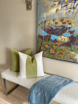 cream and chartreuse color block bench