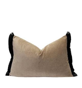 Beige Velvet and Black Fringe Throw Pillow