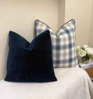 Navy Beige Plaid Throw Pillow