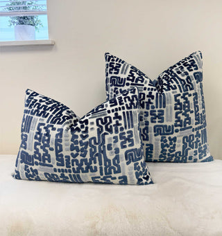 Indigo Glyph Velvet Throw Pillow