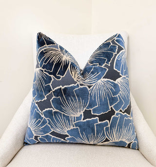 Indigo Petals Velvet Throw Pillow