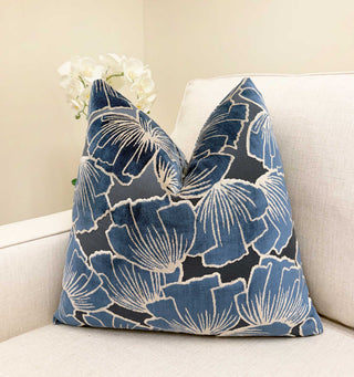 Indigo Petals Velvet Throw Pillow