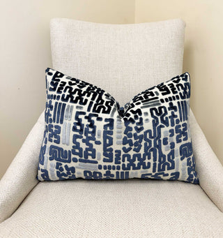 Indigo Glyph Velvet Throw Pillow