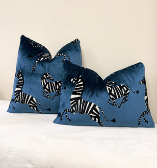 Blue Zebra Velvet Throw Pillow