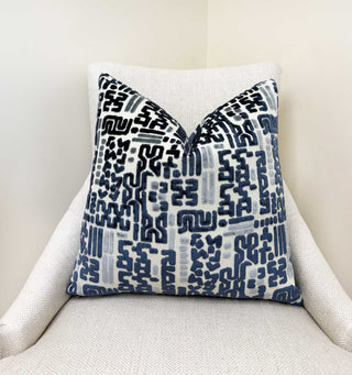 Indigo Glyph Velvet Throw Pillow