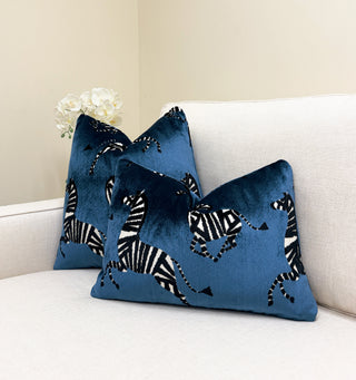Blue Zebra Velvet Throw Pillow