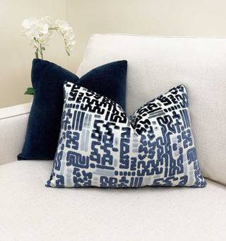 Indigo Glyph Velvet Throw Pillow