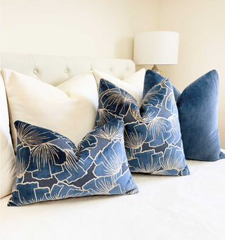 Indigo Petals Velvet Throw Pillow