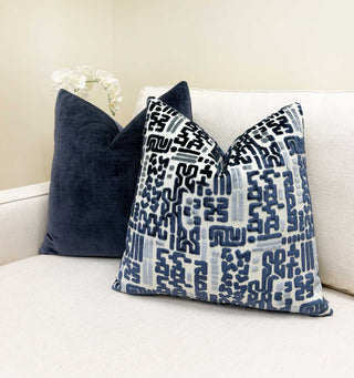 Indigo Glyph Velvet Throw Pillow