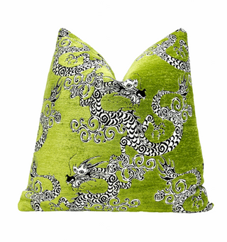 Chartreuse Green Embroidered Dragon Throw Pillow