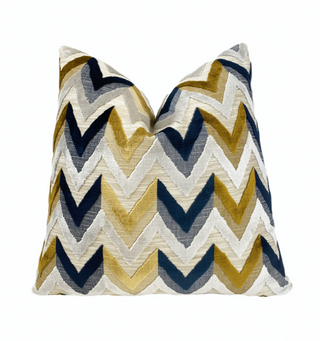 Gold, Navy, and Cream Chevron Velvet Throw Pillow