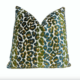 Rainforest Green Stripe Velvet Leopard Print Throw Pillow