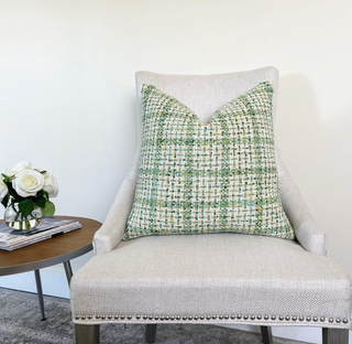 Green and Cream Woven Plaid Throw Pillow