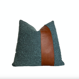 Steel Blue Boucle Brown Leather Throw Pillow