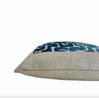 Framed Mediterranean Blue Velvet and Beige Linen Throw Pillow