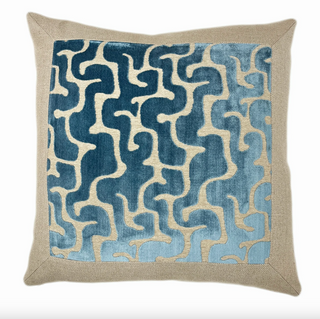 Framed Mediterranean Blue Velvet and Beige Linen Throw Pillow