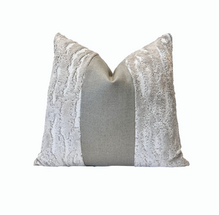 Textured Pearl Velvet and Natural Linen Throw Pillow