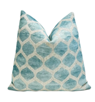 Aqua Cream Trellis Velvet Throw Pillow