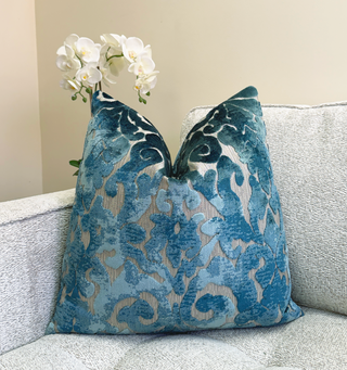 Blue Topaz Brocade Velvet Throw Pillow