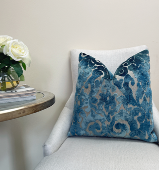 Blue Topaz Brocade Velvet Throw Pillow