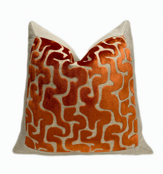 Framed Orange Velvet and Beige Linen Throw Pillow