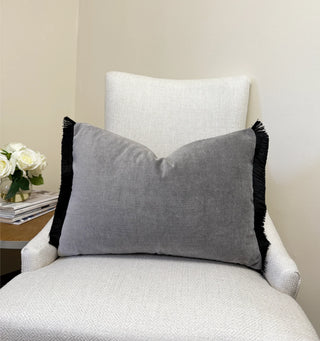 Gray Velvet and Black Fringe Throw Pillow