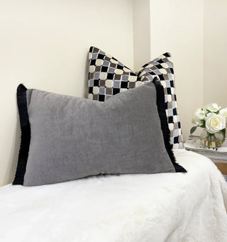 Gray Velvet and Black Fringe Throw Pillow