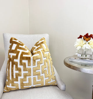 Myriad Gold Graphic Velvet Throw Pillow Smithy Home Couture