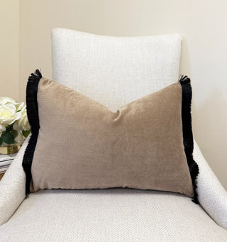 Beige Velvet and Black Fringe Throw Pillow