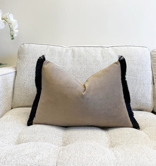 Beige Velvet and Black Fringe Throw Pillow