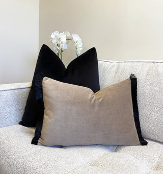 Beige Velvet and Black Fringe Throw Pillow