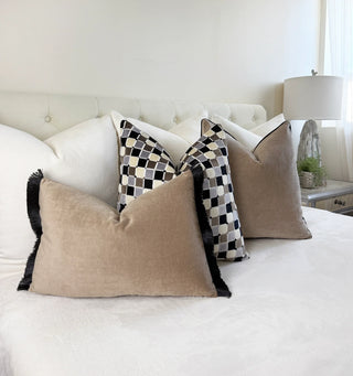 Beige Velvet and Black Fringe Throw Pillow