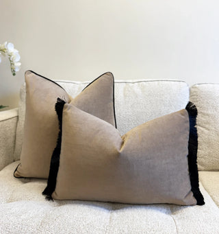 Beige Velvet and Black Fringe Throw Pillow