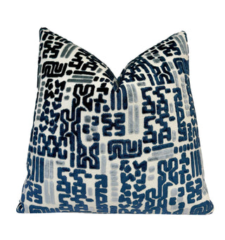 Indigo Glyph Velvet Throw Pillow