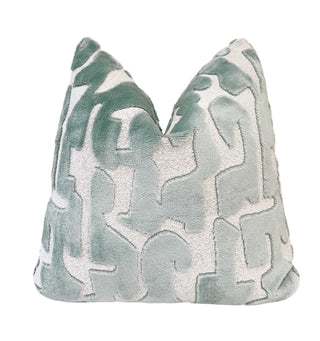Mist Green Glyph Velvet Throw Pillow