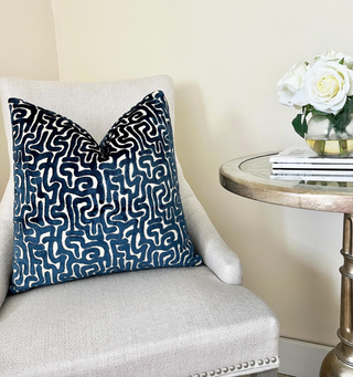 Navy Blue Maze Velvet Throw Pillow